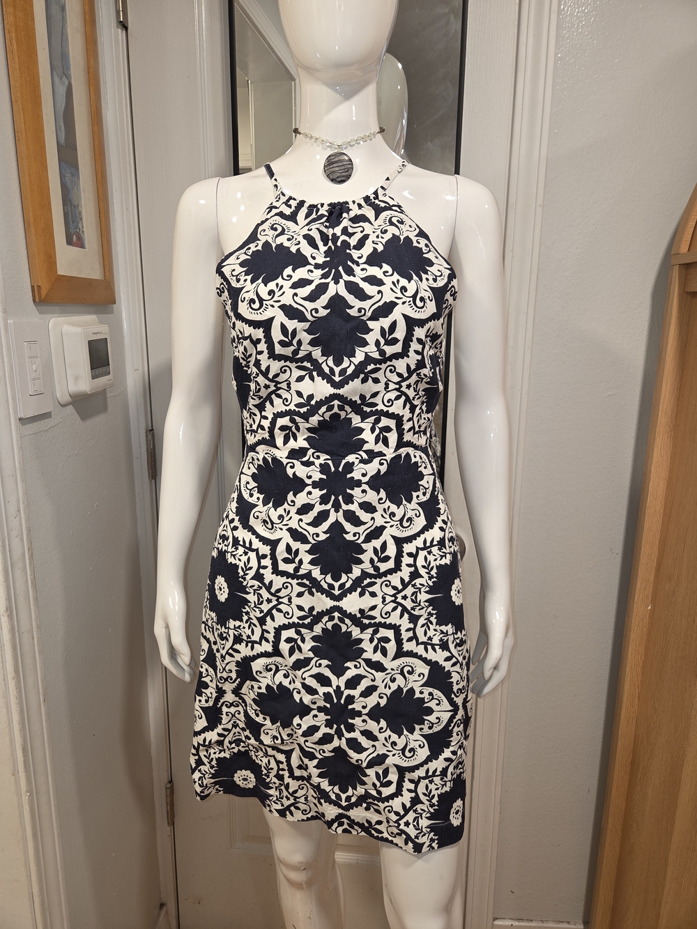 Boden Boho Sexy Navy and White Halter-Style Patterned Dress Sz 8